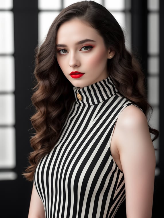 Pale-skinned girl model, wearing a black and white striped dress with a high collar, contrast lighting, Bright red make-up, Black and white curly long hair, fashion model, magazine cover, professional shot, black background