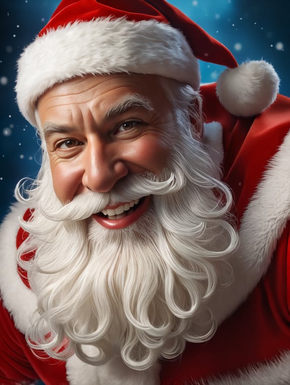 Portrait of Santa Claus smiling, one tooth missing, holdind a white business card, whimsical facial expression, flowing white beard, jolly caricature, saturated colors, red outfit, sharp focus, portrait photography, depth of field, dramatic candlelit lighting, incredibly high detailed, blue background, blurred background,