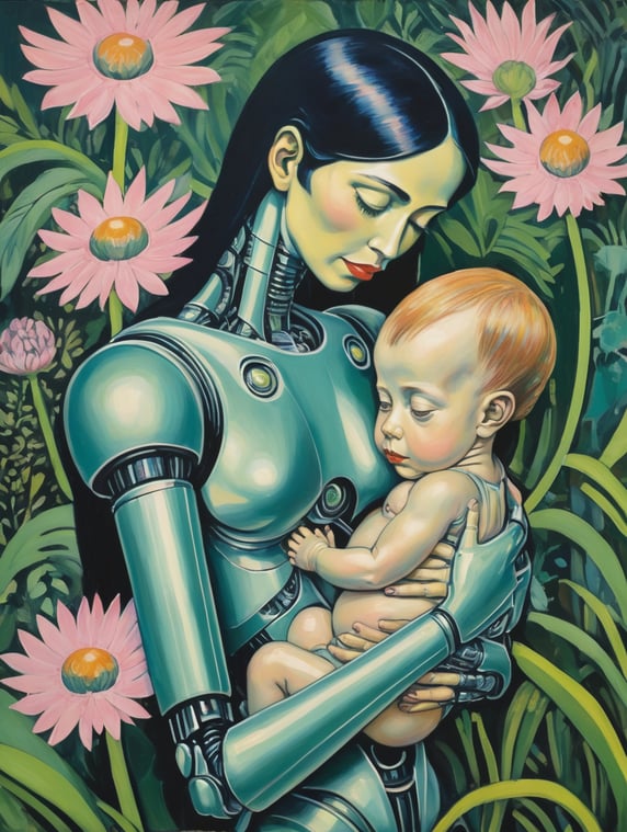 Ernst Ludwig Kirchner, painting, A robot woman holding a small human baby. They are cuddling. The background is an alien jungle world with unusual alien flowers.