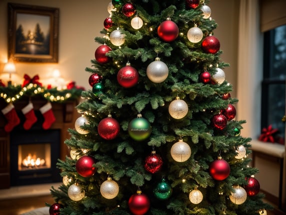 Decorated Christmas tree, fairy tale night, moonlight, Christmas gifts, green colors,red Christmas tree balls, 4k