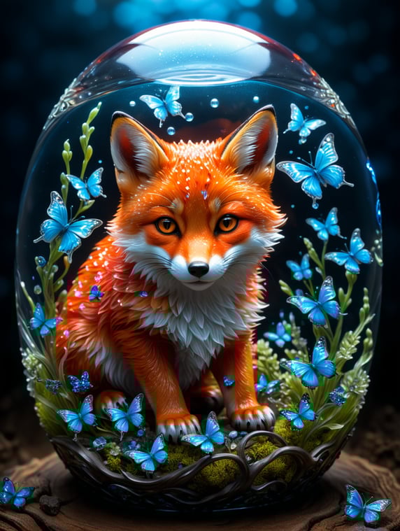 delicate soft transparent glass red baby fox sleeping, filled with bioluminescent blue butterflies, underwater, luminous opalescent, insanely detailed beautiful fox crystalized, meticulously detailed filigree fox, bioluminescent glowing fox, shimmering, sparkling, extreme contrast and saturation, starry night background, magical fantasy artwork, ultra high quality, dramatic lighting, extreme contrast, rule of thirds, HDR, photorealistic, florescent light