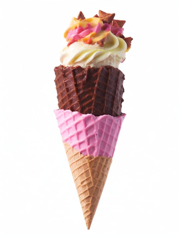 Waffle cone with multi-colored ice cream and chocolate syrup on top, against a yellow background, high quality detail, focus on ice cream, blurred background