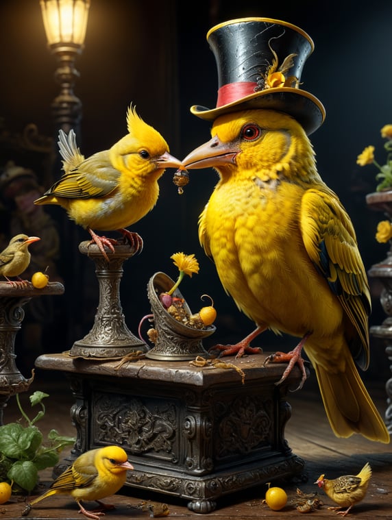 Yellow bird with a tophat sitting on a stage eating a worm