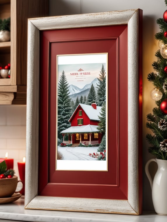 vertical picture frame mockup, cozy farmhouse kitchen, christmas decoration, red, white, green, christmas lights