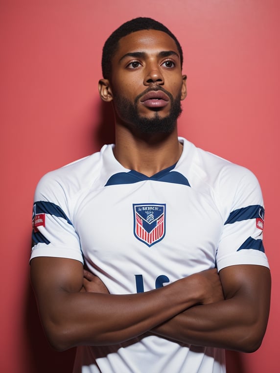 a soccer player stands in a front of the pink wall