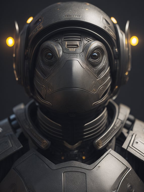 Portrait of a cybernetic black turtle, sunburst around head, deadly face with power armor, ultra realistic, intricate details, highly detailed, photorealistic, octane render, volumetric lighting.