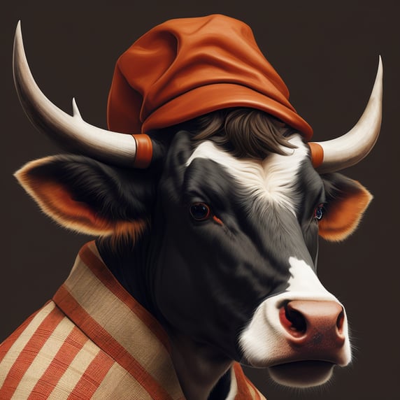 cow, portrait, nuts, red hat, vintage, photorealistic illustration, vector, flat, white background