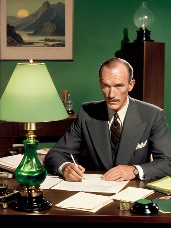 Hollywood 1940's, Toby Huss in a suit sitting behind a Mohogany desk smoking a cigarette, glass of scotch on the rocks sitting on the desk, stack of papers on the desk, green lozenge-shaped lamp on the desk