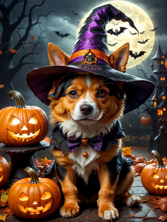 Halloween dog in witch’s hat cute Jack o lantern