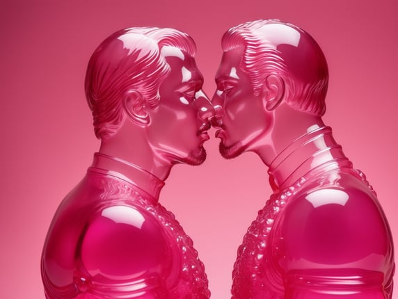 Kiss Art: Two pink translucent wax figures kissing each other, isolated, pink background
