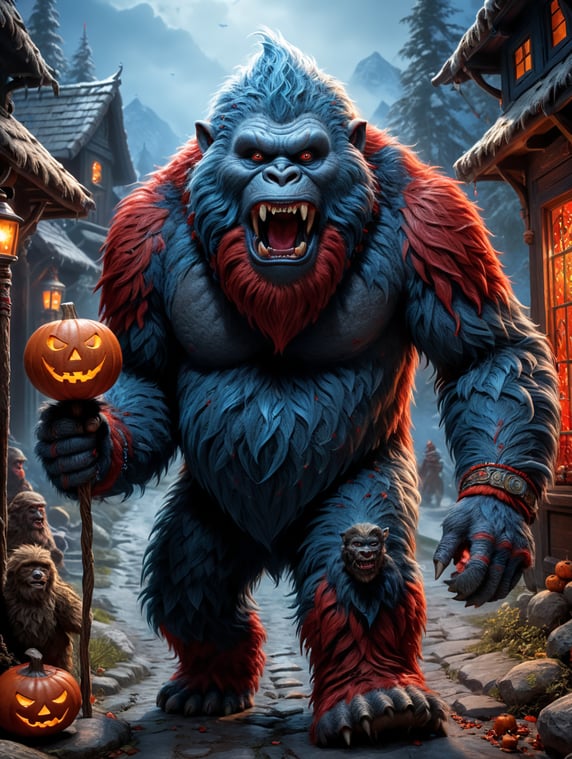 playful yeti out trick or treating, fun-loving, blue and red