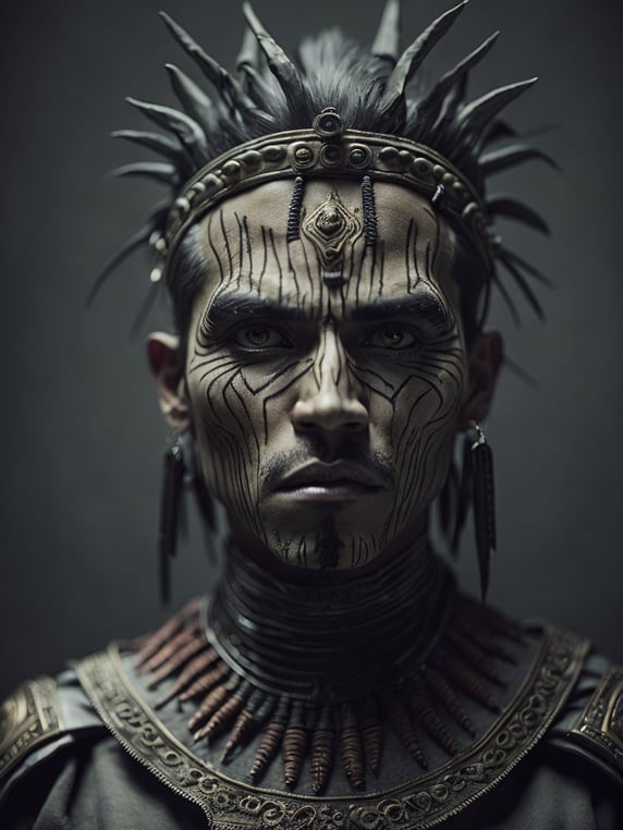 In this powerful and evocative image, mictlantecuhtli, the ancient aztec god of the underworld, emerges in all his ominous glory. rendered predominantly in stark black and white, with subtle gradations of gray, the depiction showcases the deity's menacing presence and serves as a testament to his authority. mictlantecuhtli's face embodies an intense fury, with furrowed brows and eyes ablaze with anger. his facial features are sharp and defined, with deep-set eye sockets that pierce through the darkness. elongated, bony structures form his skeletal visage, accentuating the otherworldly nature of his being. jagged teeth, stained and yellowed, protrude menacingly from his mouth, capturing his ferocity and instilling fear in those who behold him. the environment surrounding mictlantecuhtli reflects the essence of his era, transporting us to the aztec underworld known as mictlan.