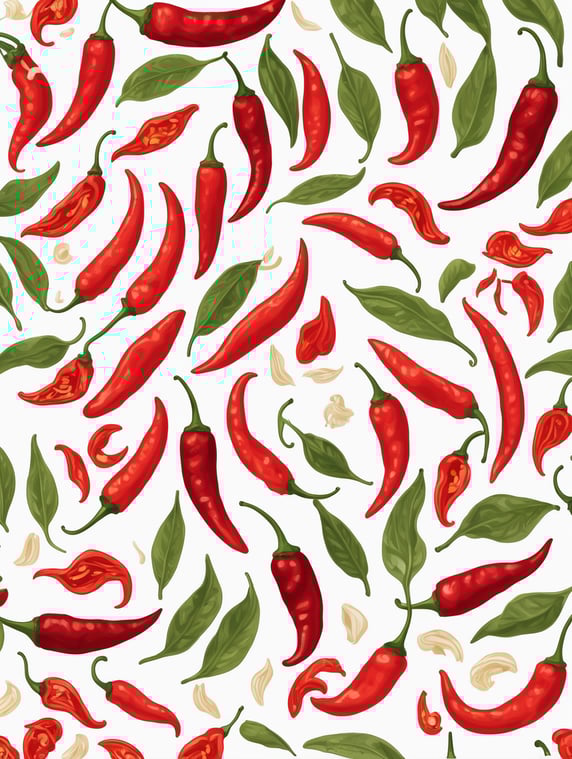 a sheet illustrated with contemporary fiery thai chilis for a trendy brand, white background