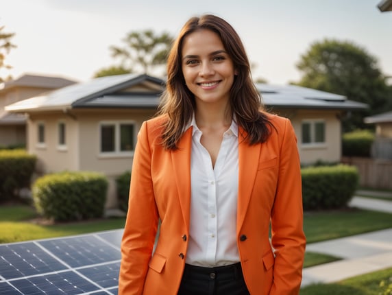 woman, bright orange blazer, white shirt, smiling, arms crossed, outside, suburbs, house with solar panels