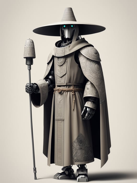 Robot with long thin limbs hidden in cloak, and wearing a straw hat. His parts are simple and geometric