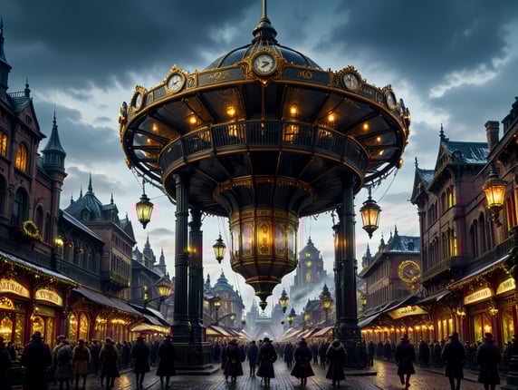 An intricate, melancholic, nostalgic, steampunk-inspired, festive, joyful, charming, and lively Christmas in the Steampunk era:: a festively lit street, tall buildings, snow on the streets and houses, in the center of the square stands an incredibly beautiful and elaborate mechanical carousel, with lanterns, consoles on which the seats hang, a clock in the central towerset:: in awe-inspiring cinematic canvas, articulated through a neo-victorian lens, captured by the steady glide of a drone camera, shot by the acclaimed Emmanuel Lubezki, visualized in an immersive 4K, on the Vimeo platform where timeless festive lights twinkle on the narrow cobblestone streets flanked by towering industrial structures.