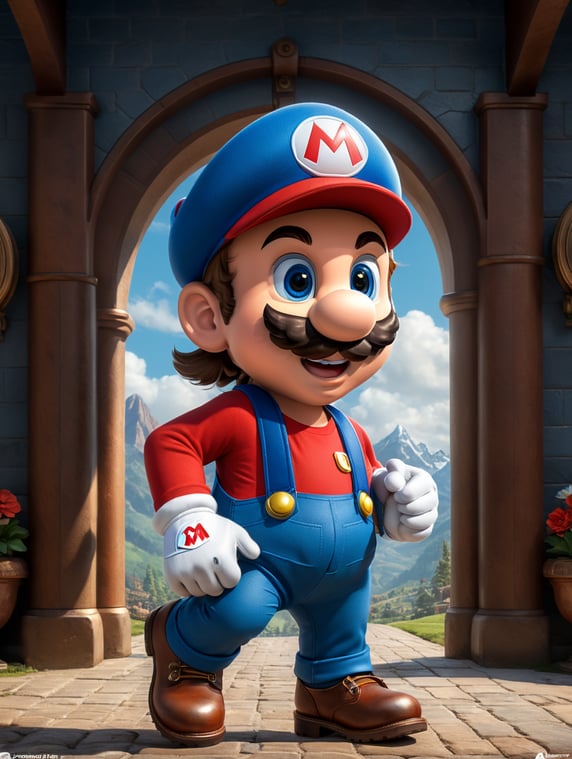 Super mario, creative, and kind-hearted person with mustache, Wearing blue pants with suspenders, brown boots, a red cap with the letter M, white gloves, big eyes, big nose standing centered in 3D style, rendered using beautiful Disney animation, Pixar style, Disney style, 3D style
