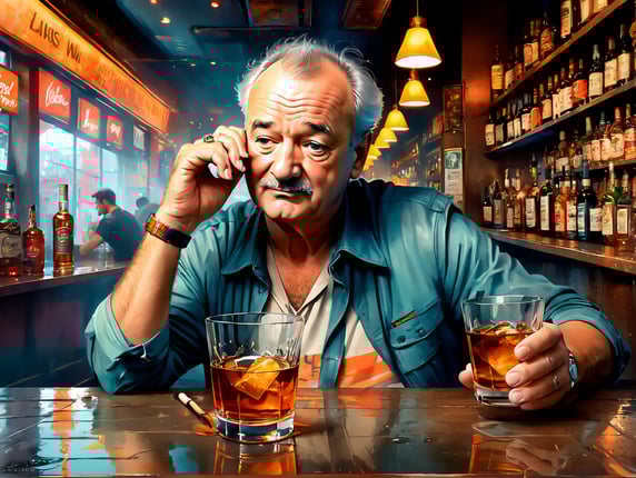 bill murray down on his luck in a sleazy bar drinking scotch