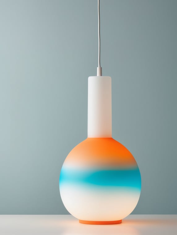 A contemporary minimalist semi-translucent silicone lamp with vibrant cyan blue and orange gradient colors as if designed by hi studio.