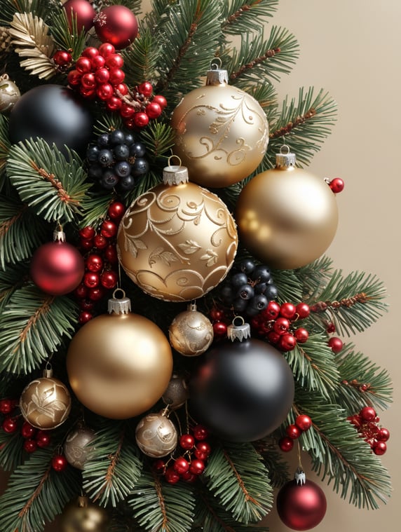 christmas balls, berries and leaves on pine branches, two shades of beige