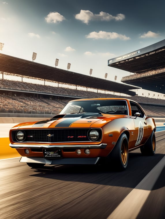 A video game rendering of an epic race track, Asphalt American chevrolet camaro 1969's car, incredible graphics, 4k