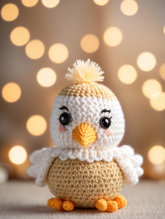 Stock photo, crocheted Amigurumi chick, studio photo, white and beige shades, bokeh, 32K, Sony Alpha a7R IV and 50mm f 1.4