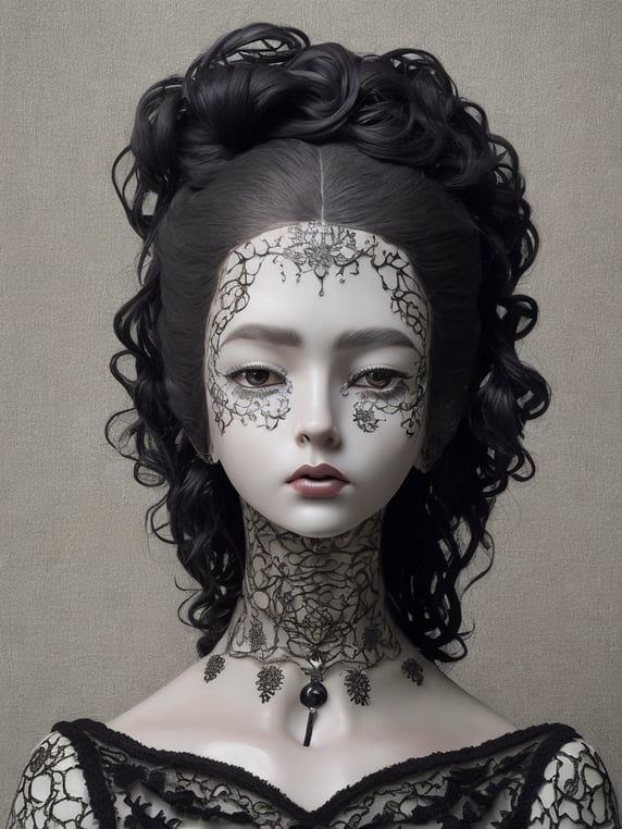 Quay Brothers style, Victorian porcelain doll's head, hair made of black mamba snakes, intricate black lace, muted colors, gothic horror, highly detailed