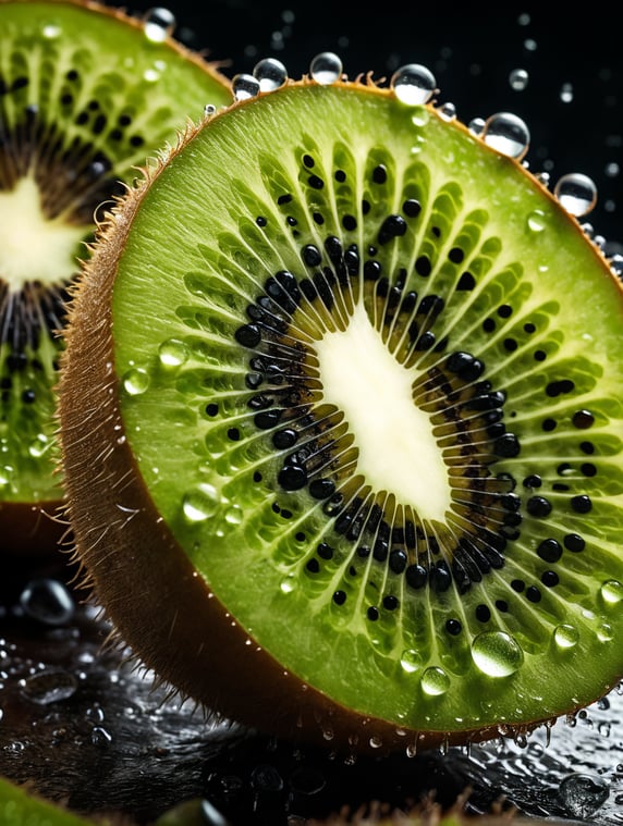 close up of the inside of a kiwi, with water droplets on it