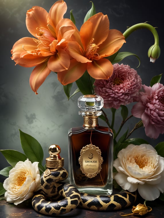 Floral background with perfume bottle with blanc label and snake wrapped around the bottle