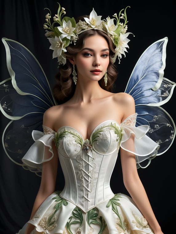 a breathtaking visual, full-length fairy of the tuberose flower fleur-de-lis (night tuberose), Queen of the night, Alfons Mucha women's style, with reminders of the "art nouveau" movement (embroidery and ornaments) feminine silhouette, fairy wings, fairy delicacy with Art Nouveau splendor, outfit inspired by nature and the tuberose fleur-de-lis, fitted and structured corset, recalling the architectural side of Art Nouveau curves, voluminous, light skirt, with overlays of organza and tulle for a floating and airy effect, a fairy fairy, flowing sleeves or drapes, evoking Art Nouveau floral motifs, sculptural headpiece: light and asymmetrical headdress inspired by a plant halo, with shapes reminiscent of the tapered petals of the tuberose. The fairy with wings, a gentle fairy look, full-length only.; une visuel à couper le souffle, plain-pied de fée de la fleur tubéreuse fleur de lys (tuberose nocturne), Queen of the night, style femmes alfons mucha, avec rappels du mouvement "art nouveau" (broderies et ornements) silhouette féminine, ailes de fée, délicatesse féerie avec faste de l’Art Nouveau, tenue inspirée de la nature et de la tubéreuse fleur de lys, corset ajusté et structuré, rappelant côté architectural des courbes Art Nouveau, jupe volumineuse, légère, avec superpositions d’organza et de tulle pour effet flottant et aérien, une fée féerique, manches ou drapés fluides, évoquant motifs floraux Art Nouveau, couvre-chef sculptural: coiffe légère et asymétrique inspiration auréole végétale, avec formes rappelant pétales effilés de la tubéreuse. La fée avec des ailes, une allure de fée douce, de plain-pied uniquement.