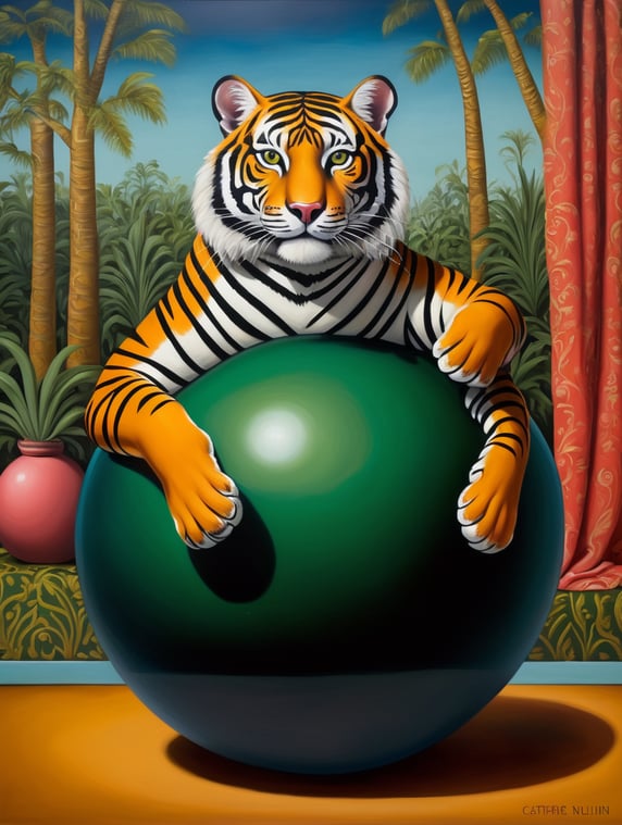 a tiger on a ball, style of Catherine Nolin, Painting, Acrylic, Oil, Portrait, Interior, USA