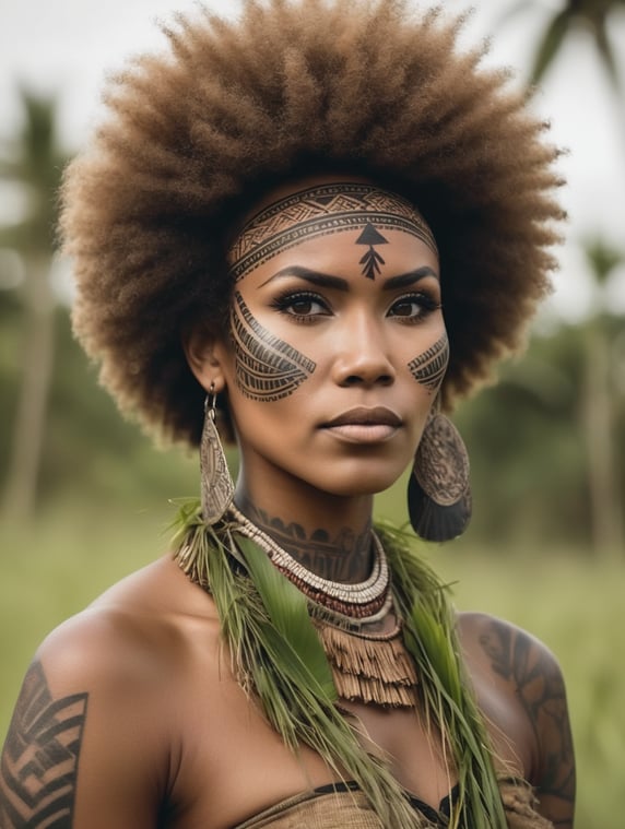 Papua New Guinea woman afro hair wearing grass skirts and face tattoos