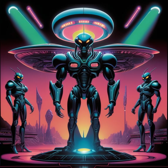 1987 ufo heavy metal art, iron alien, 80s illustration of a futuristic heavy metal band, black background, neon lights; 1987 ufo heavy metal art, alien de hierro, ilustración de los 80 de una banda futurista de heavy metal, fondo negro, luces neon