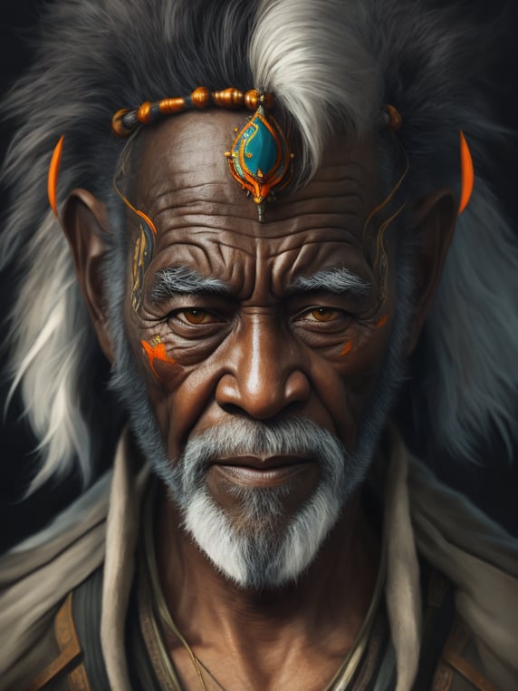 Portrait of a black elderly male shaman, gray beard, muted tones, black background