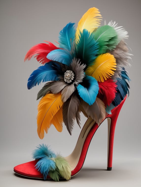 High heeled shoe made from colored Parrots feathers