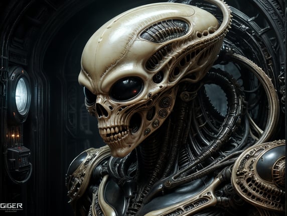 Generate a chilling image inspired by the ((Alien franchise and H.R. Giger)), evoking a sense of horror as the central theme. Depict an otherworldly creature with biomechanical features emerging from shadows, its form a grotesque fusion of organic and mechanical elements. Illuminate the scene with eerie, dim lighting to intensify the suspense. Convey a feeling of dread and the unknown, drawing inspiration from the atmospheric horror of the Alien universe