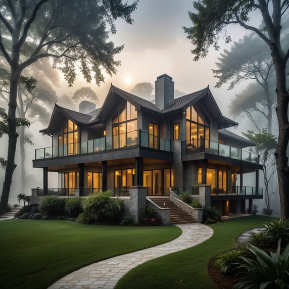 a modern luxurious house in serene nature. the background is relatively muted with fog