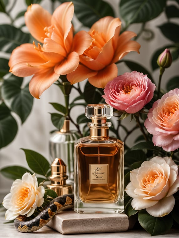 Floral background with modern perfume bottle with blanc white label and snake wrapped around the bottle