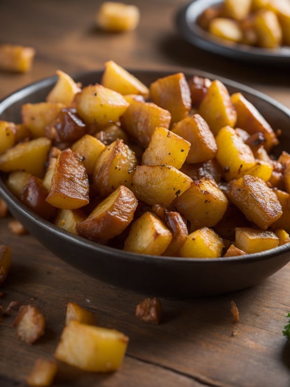 fried potatoes with juicy fried meat on a wooden background