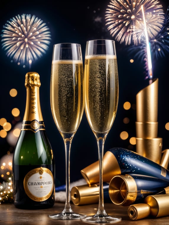 happy new year, two champange glass toasts together, stars, fireworks, winter, at night, glitter, confetti, opened dark blue champagne bottle, much Bubble, New Year's rockets