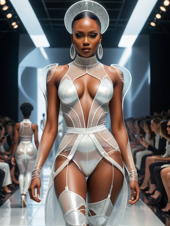 African woman, catwalk, fashion show runway. View of the full high model. A futuristic fashionista struts down the runway in a daringly cut white transparent holographic silk outfit, bringing a bold and edgy vibe to the catwalk.