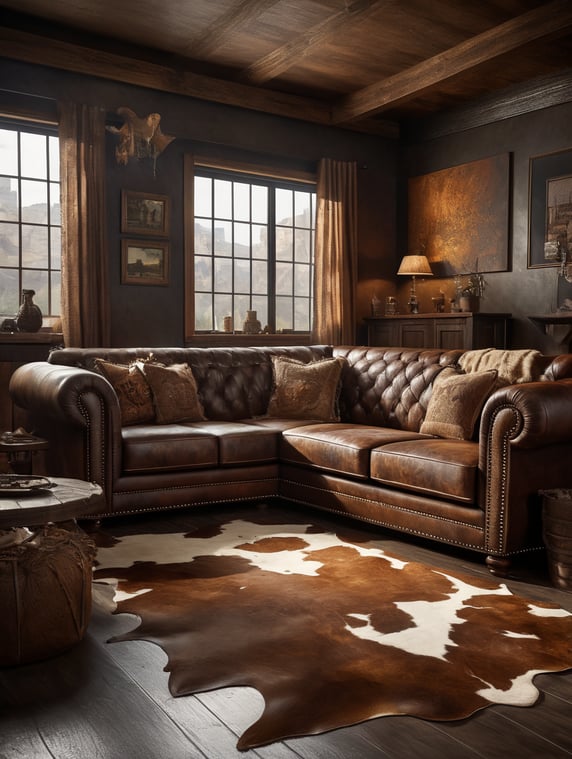 show a western or rustic style decor living room with a brown leather couch and an empty wall behind the couch, and a cowhide rug on the floor