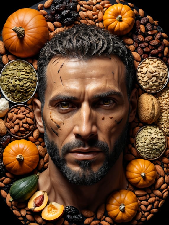 anatomy of a male, made of ingredients, nuts, raisins, almonds, dates, pumpkin seeds, isolated, black background