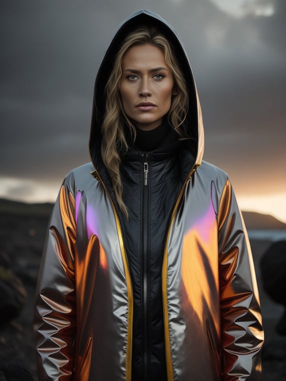 an ultra high definition professional high fashion portrait of farrah fawcett studio full length photograph of a female model wearing a transparent pearlescent raincoat and neon visor in an icelandic black rock environment at dawn. no artefacts. extremely detailed. stark. refraction. shallow depth of field. volumetric light and shadow. ray tracing. light rays