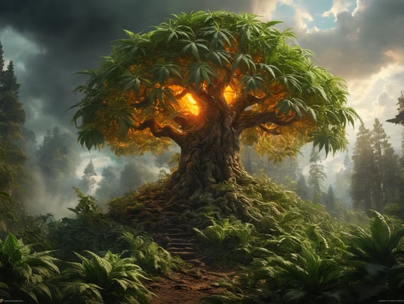 Huge single cannabis plant the size of an oak tree getting struck by a green lightning bolt, Heavy green fog, heavy green smoke, overgrown forest, all of the leaves and plants are orange, cannabis growing everywhere, orange sunshine peeking between the clouds, highly detailed, sharp focus, dramatic lighting, depth of field, incredibly high detailed