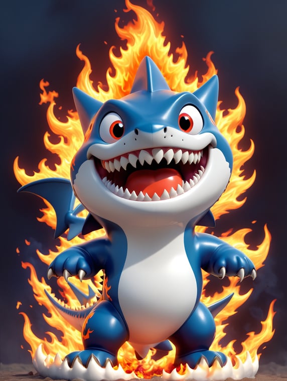 Anime style shark teeth smile fire all over the body body on fire body fire super power half fire good demon