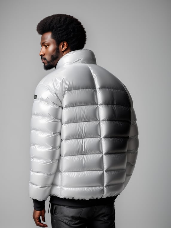 Inflatable white minimalist man's puffer jacket, black afro man, back view, transparent, isolated, grey background, mockup
