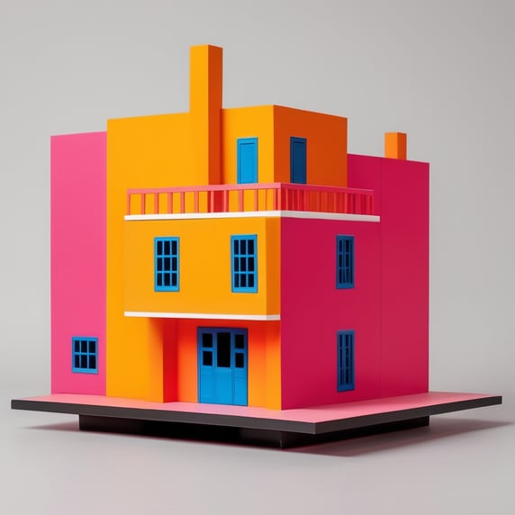 Vinyl toy for a 5-year-old child of a house inspired by the architecture of Luis Barragán with vibrant colors.; Vinil toy para Niño de 5 añosde una casa inspirada en la arquitectura de Luis Barragán con colores vibrantes.
