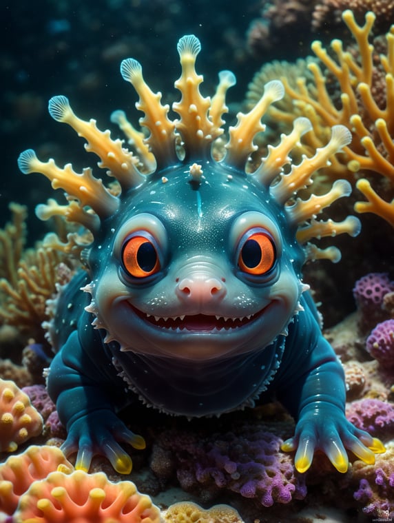 cutest sea slug with pretty catlike face, on a coral, concept art by Grillo Demo, cgsociety, computer art, bioluminescence, seapunk, ultra realistic national geographic photo