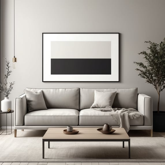 mockup poster blank horizontal frame sofa decor contemporary style room empty wall art interior design living room inspiration home decor modern furniture minimalist aesthetics, realistic